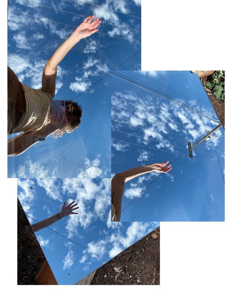 three sets of images of a woman with arm outstretch, camera pointed upwards towards woman and blue sky with streaks of clouds.